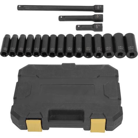 Set of 18 Cr-V steel deep impact sockets, 10-24 mm/0.39-0.94 in. Set of standard SAE and metric sockets with deep sockets, extension bars and carrying case. (1/5)