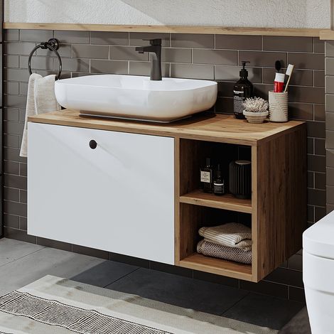 Lotus Vanity Unit 95 cm with Over Counter Wash Basin / Bowl, Oak Effect and White (1/5)
