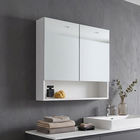 Specchio Contenitore Bianco Con Due Ante E Vano A Giorno 62Cm