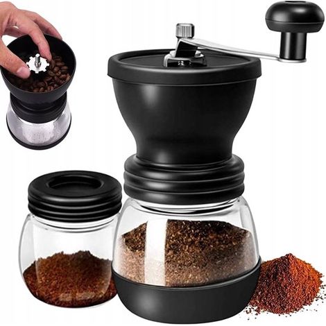 Manuelle Kaffeemühle – Schwarz – Verlängerter Edelstahlgriff – Mahlgrad einstellbar – Rutschfester Boden – Inklusive zwei Glasbehältern