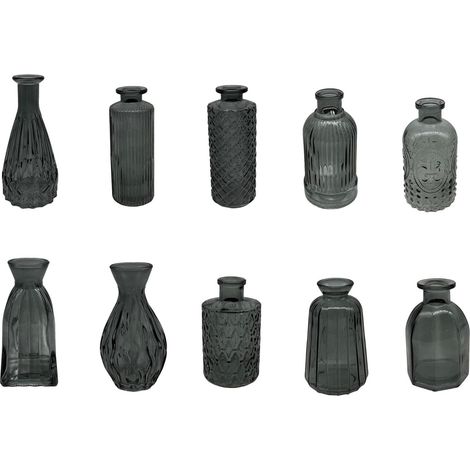 Vases, Ensemble de 10, texturés, Style Vintage, Verre, H : 10-14,7 cm, Petites vases décoratifs, Gris (1/5)