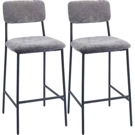 2er-Set Barhocker, hohe, gepolsterte Hocker für Küche und Tresen, mit Rücken- und Fußstütze, Stoffbezug, Stahl, Grau