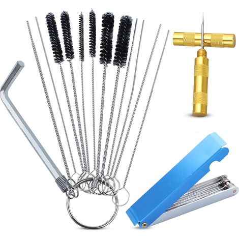 Set de nettoyage Adefol pour carburateur, kit de nettoyage, 10 aiguilles de nettoyage, 5 brosses en nylon, 13 câbles de nettoyage, 1 mandrin pointu pour motos, quad, soudeurs, carburateurs (1/5)