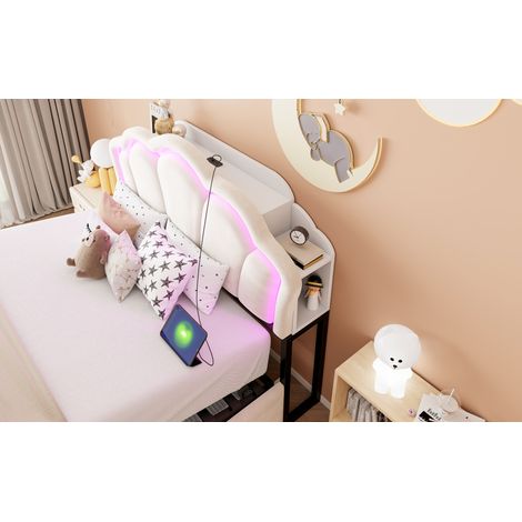 Lit à rangement hydraulique beige 140x200 cm avec LED, tissu velours, rangements tête de lit et prises intégrées sans matelas (1/5)
