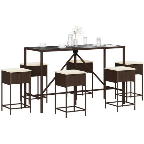 7-tlg. Gartenbar-Set mit Kissen Braun Poly Rattan