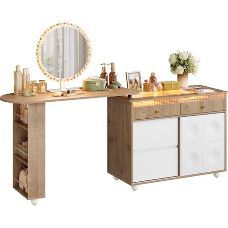 WOLTU Coiffeuse Miroir LED, Montage L/R Réversible, Plateau Verre éclairé, Casiers à bijoux, Commode latérale extensible, Blanc+Chêne Brun Clair (1/5)