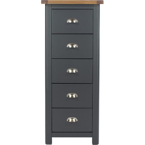 5 Drawer Narrow Chest - Hardwood/Softwood/MDF - 45 x 40 x 114.5 cm - Midnight Blue/Antique Oak Effect Wax (1/3)