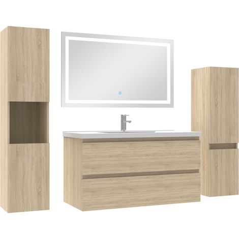 Ensemble meubles Salle de Bain 100cm vasque + colonne + miroir LED Chêne Wotan