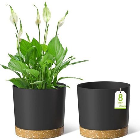 Lot de 2 Pots de fleurs, Plastique durable, Gris foncé, Trous de drainage, Soucoupe détachable, Intérieur et jardin (1/5)