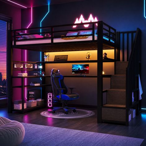 Hochbett 90x200 cm aus Metall und MDF, Schwarz, mit LED und Schreibtisch – MEUBLIV (1/5)
