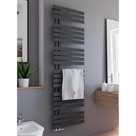 Schulte Badheizkörper Breda, flacher Designheizkörper mit seitlich versetztem Mittelanschluss, Stahl pulverbeschichtet in Pearl Schwarz, 169 x 50 cm (1/5)