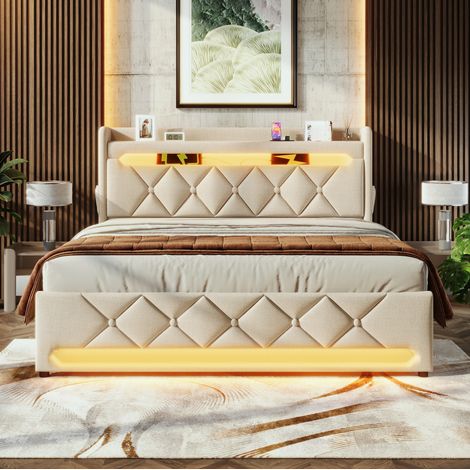 lit coffre 140x190 LED, tête de lit USB, lin beige HAVRYA (1/5)