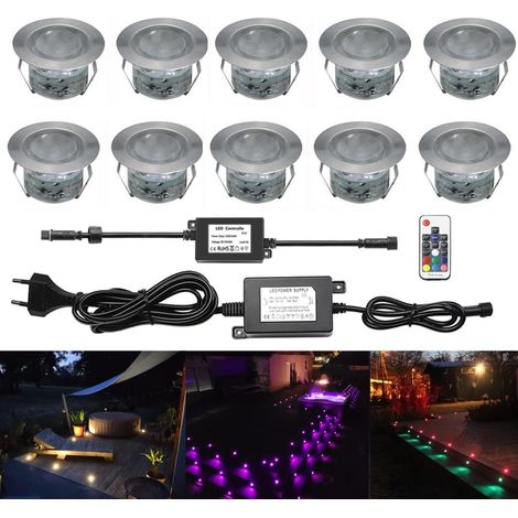 Lot de 10 Spot LED Encastrable Extérieur, IP67 Étanche, Ø45mm, RGB + Blanc Chaud Spots à Encastrer Extérieur pour Jardin Terrasse Escalier Deck en Bois Patio Décoration(Avec prise EU) (1/5)