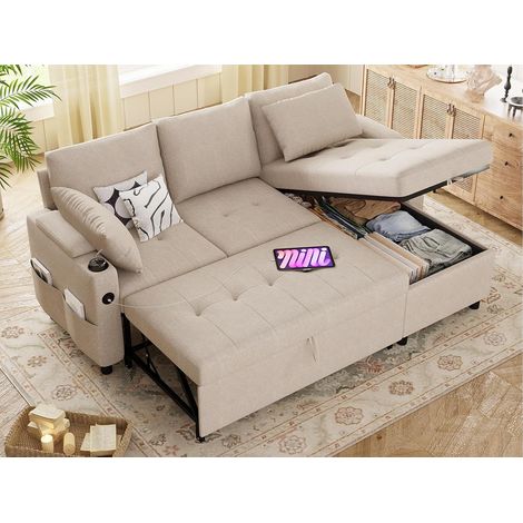 YODOLLA Schlafsofa 3-in-1, Umschaltbare Chaiselongue Sofa mit Bettkasten, USB-Ports & Tassenhalter, Beige (1/5)