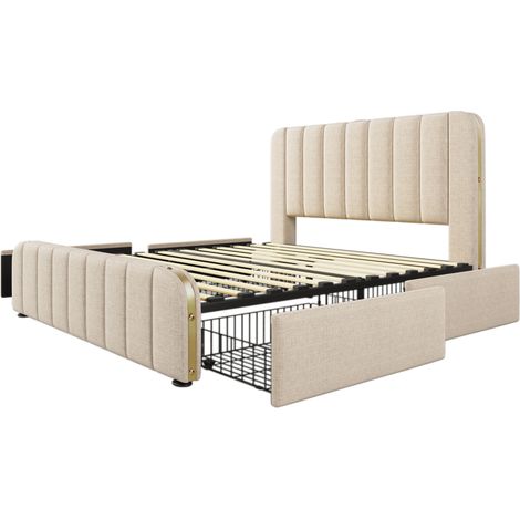 Gepolstertes Doppelbett 160x200 cm beige aus Leinen mit 4 Schubladen USB Type-C MODENUIT (1/5)