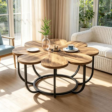 Table basse ronde 100x50 cm en métal et bois noir et marron, avec rangement pour salon FloraGrace (1/5)