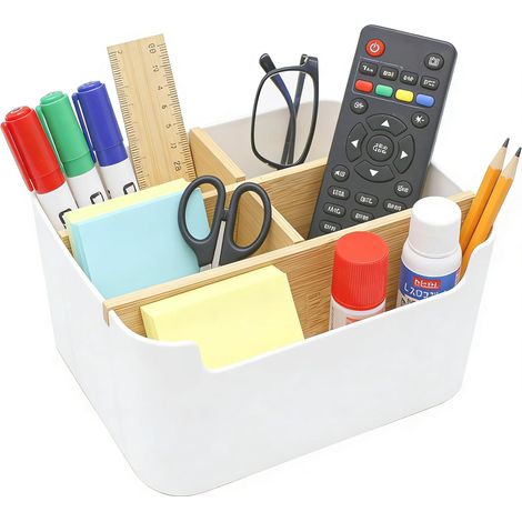 1 Boîte de rangement en bambou, 5 compartiments, organiseur de bureau, pour crayons, cosmétiques, notes autocollantes, blanc (1/5)