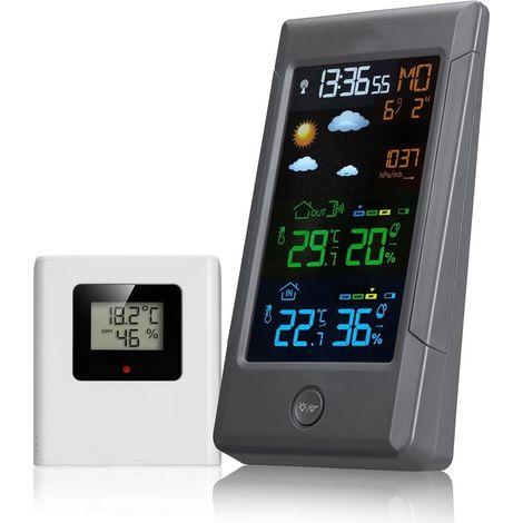 Station météo sans fil avec capteur extérieur ClimateTemp NBF, horloge radio DCF, thermomètre intérieur et extérieur, hygromètre, prévisions météorologiques et écran couleur, numérique (1/5)
