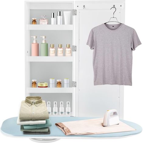 Planche à repasser murale avec fonction rotative à 180 °, table à repasser pliable avec 4 compartiments de rangement et miroir, armoire de rangement blanche pour vêtements, pour appartement, couloir, 