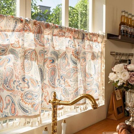 Rideaux – Rideaux à pompons – Rideaux de cuisine – Semi-transparents – Rideaux style bistro, adaptés à la chambre ou au salon, 45 x 200 cm, panneau unique (1/5)