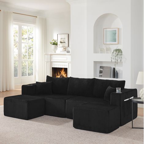 Sofá esquinero modular de 3 plazas, con otomanas móviles, portavasos, bolsillos laterales, espuma negro (1/5)
