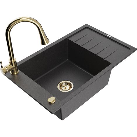 Mexen Elias fregadero de granito de 1 cubeta con escurridor y grifo de cocina Elia, negro moteado - 6511-76-670101-50 (1/5)