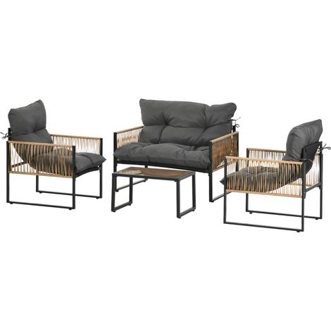 4-teiliges Gartenmöbelset, Sofa, 2 Sessel, Tisch mit Glasplatte, Metallgestell, Kunstharz, anthrazitgrau