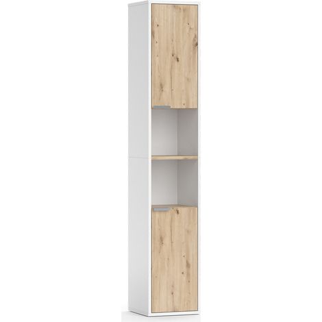 Armario de baño Henri, Blanco, 30 x 165 cm con puertas y compartimentos abiertos, Vicco