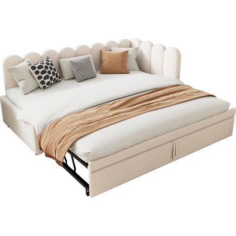 Canapé-lit d'angle 90 x 200 cm extensible en 180 x 200 cm, velours beige, 24 lattes, design en L gain de place pour chambre d'amis et enfant, de CHICFURN (1/5)