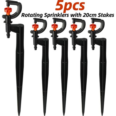(5 pièces) 5 arroseurs rotatifs à 360° pour micro-irrigation, montés sur un piquet de 20 cm avec raccord cannelé 1/4", pour pelouse, ferme et serre. (1/4)