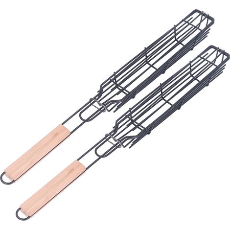 Lot de 2 paniers à saucisses à griller en acier inoxydable, avec poignée en bois, pour barbecue et camping. (1/5)