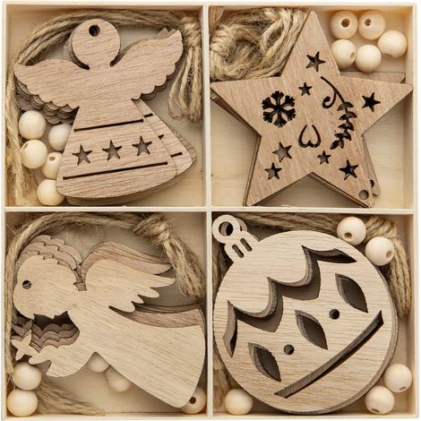 20pcs Wooden Christmas Tree Decorations Wood Christmas Tree Ornaments DIY Wooden Christmas Decorations Christmas Tree Accessories for Gift Tag Christmas Home Decoration 4 Models (1/5)