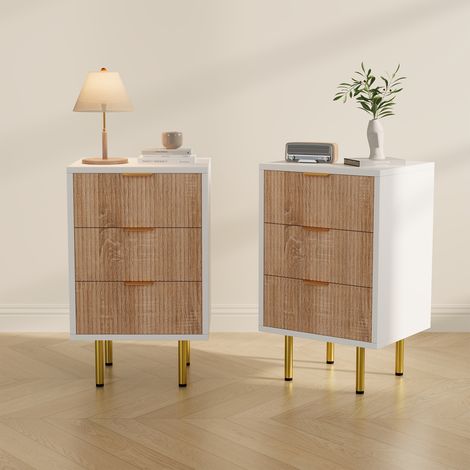 Lot de 2 tables de chevet – 3 tiroirs à rayures verticales – poignées et pieds métalliques dorés – dimensions 40 × 40 × 65 cm – chambre salon bureau – Naturel (1/5)