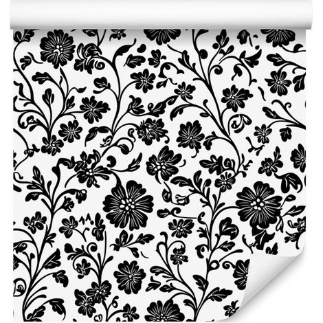 Papier peint à fleurs noires et blanches, gris, graphite et gris clair, 50 x 1000 cm (1/5)