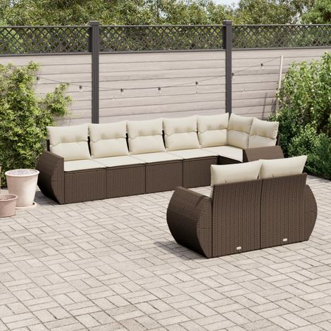 Salon de jardin 8 places en résine tressée marron, avec coffre de rangement, 4 fauteuils, 1 coin et 3 sièges centraux, coussins amovibles (1/3)