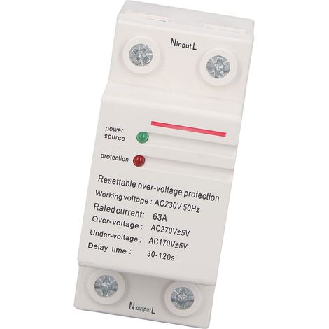 Protection contre les surtensions et les sous-tensions, réarmement automatique, temporisation de courant, monophasée, montage sur rail DIN, 220-240 V, 63 A (1/5)