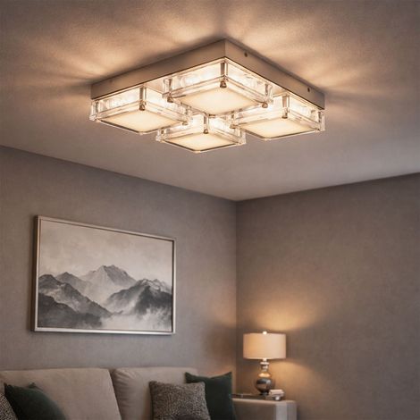 Lampada da soffitto lampada soggiorno, 4 fiamme, moderna, metallo vetro, cromo, 4x LED 3,2 watt 360 lumen 3500 Kelvin bianco caldo, LxPxH 28x28x6,5cm