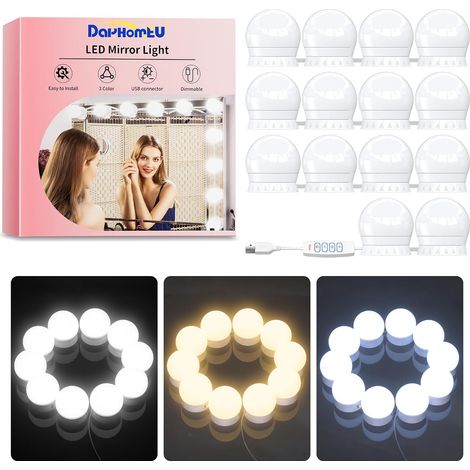 Lumière de Miroir, 14 Ampoules Hollywood Kit de Lumière LED, Câbles parfaitement Cachés, 3 Couleurs et 10 Intensités, Lumière Miroir USB pour Coiffeuse Maquillage (1/5)