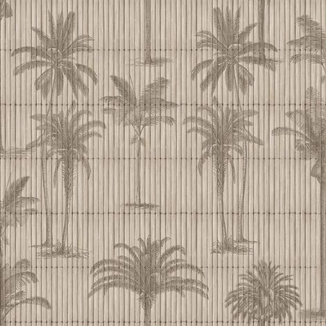 Papier peint palmiers gravés fond bambou naturel