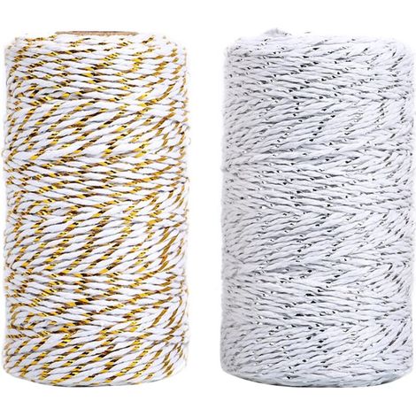 SABIR Corde De Ficelle en Coton Et Jute pour Travaux Manuels - 200 m De Ficelle en Coton pour Emballage Cadeau, Emballage d'art, Décoration De Jardin (Or, Argent, 2 Rouleaux Au Total) (1/5)