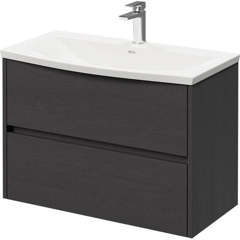 Montego Graphite Grey 800mm Wall Mounted Vanity Unit with 1 Tap Hole Curved Basin and 2 Drawers (1/5)