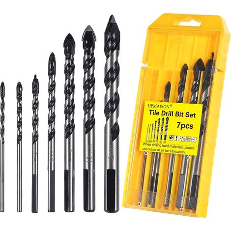 Lot de 7 forets à maçonnerie en carbure de tungstène pour porcelaine, carrelage, béton, mur de brique, verre, miroirs, plastique, maçonnerie et bois (3 4 5 6 8 10 12 mm) (1/5)