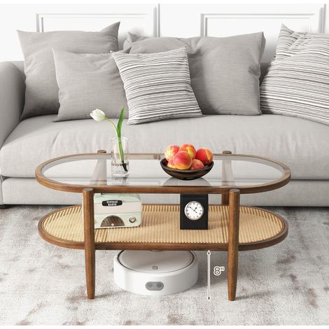 Table Basse Ovale en Verre Trempé avec Cadre en Bois d'Acacia Table de Salon 2 Niveaux avec Étagère Ouverte en Rotin PE Marron Maison Chic (1/4)