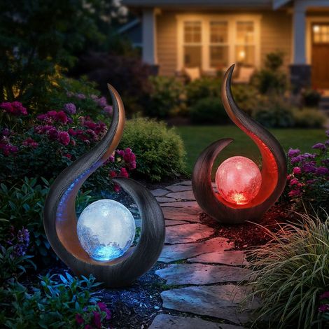 2 lampes solaires d'extérieur, sculpture, lampes solaires LED à changement de couleur, verre, H 33,5 cm (1/4)