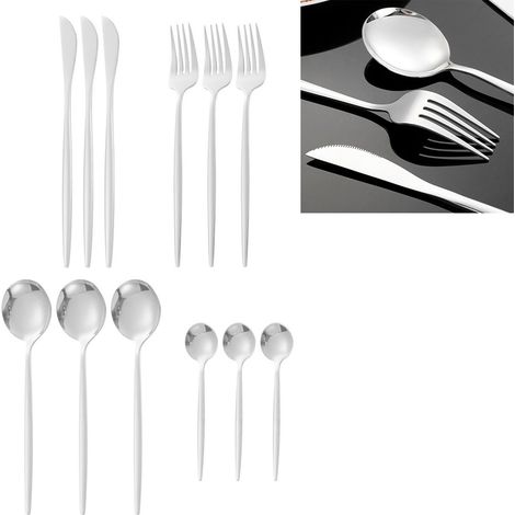 12-teiliges Besteckset aus Edelstahl 410, Löffel, Messer, Gabeln, glänzend, für Haushalt und Gastronomie, silberfarben (1/5)