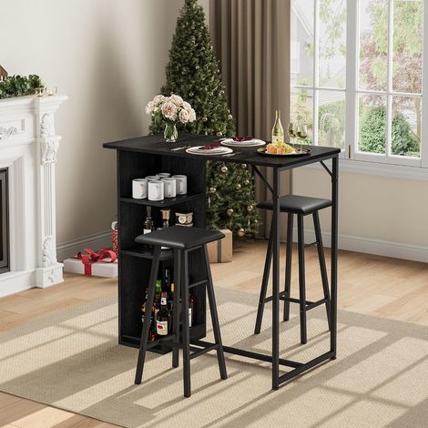 Ensemble Table de Bar avec 2 Tabourets, Hauteur Comptoir, 3 Étagères de Rangement, Plateau Bois Noir et Structure Métal Noir (1/5)