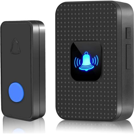 Sonnette sans Fil, Mini Sonnette de Porte IP55 Exterieur Étanche Kit de Carillon Electronique Portée 150M, 38Mélodies au 5 Niveaux Volumes, LED Bleu pour Maison Bureau Hôtel Urgence, Noir (1/5)
