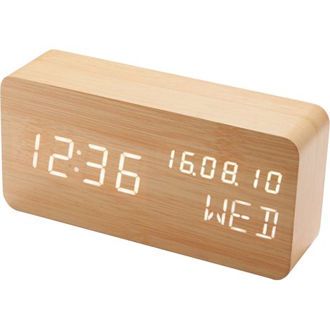 Réveil Digital Bois Réveil Électronique MDF Noir/Khaki Affichage LED Température Humidité Contrôle Vocal 3 Alarmes Double Alimentation (1/5)