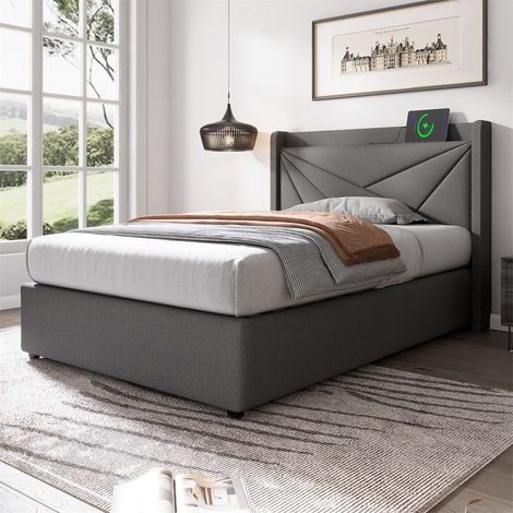 Lit rembourré 90x200 cm 1 place - Tête de lit + sommier à lattes, rangement, chargeur USB Type-C, lin gris (1/5)