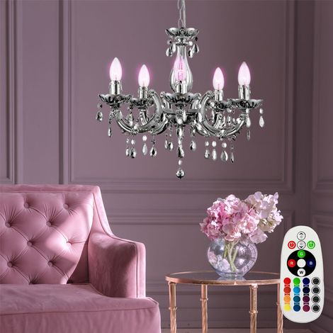 Lampadario dimmerabile con telecomando Lampada a sospensione a LED Lampada da tavolo da pranzo Lampada a sospensione Soggiorno, Cambia colore RGB, 5x 3,5 W 320 lm bianco caldo, DxH 44x128 cm (1/5)